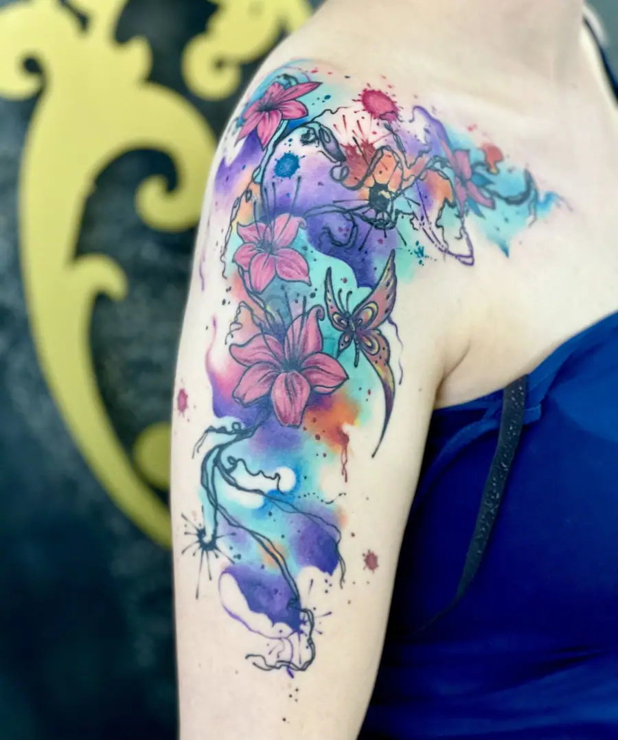 Aquarell Cover Up – Nachher — Cover Up Tattoo von Elisabeth Gerendai, V Tattoo & Beauty Art (Aargau, Schweiz)