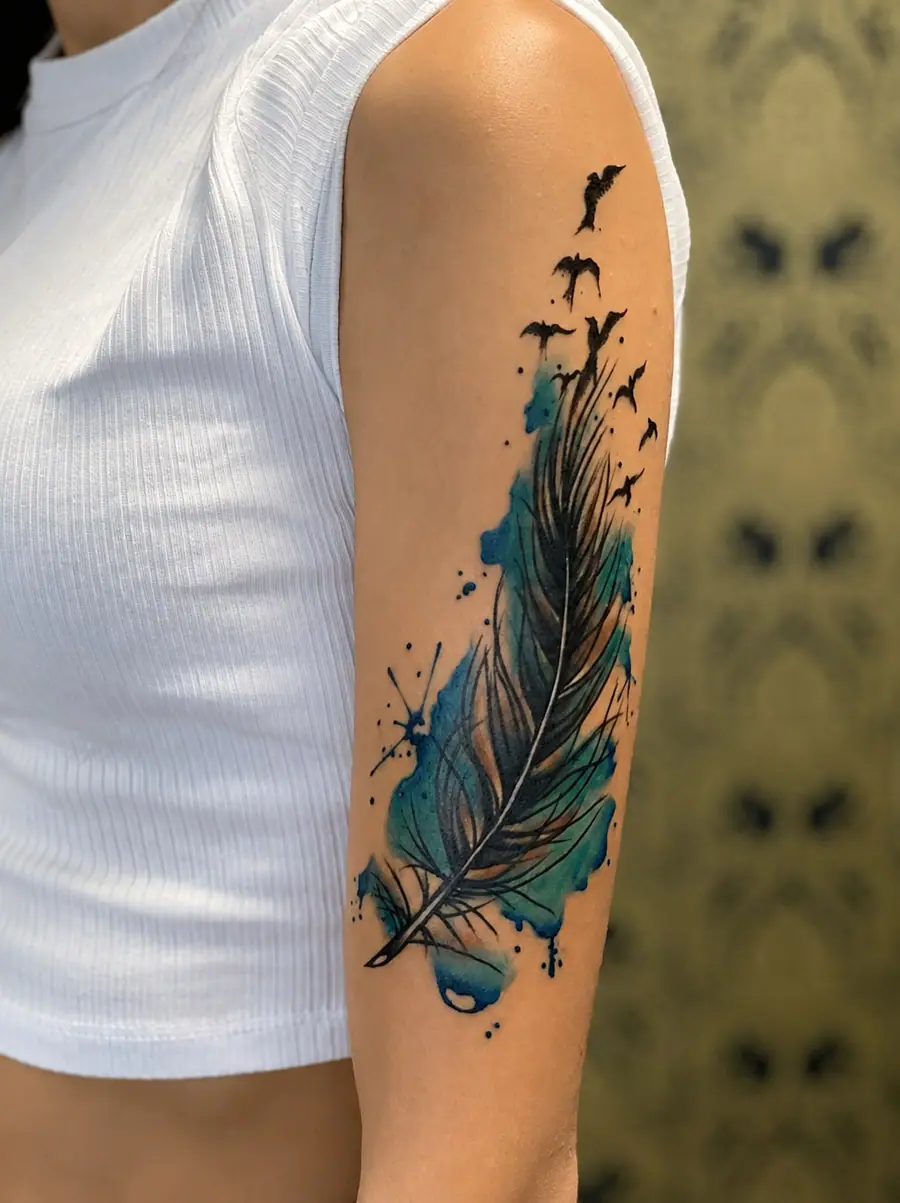 Aquarell Feder Cover Up – Nachher — Cover Up Tattoo von Elisabeth Gerendai, V Tattoo & Beauty Art (Aargau, Schweiz)
